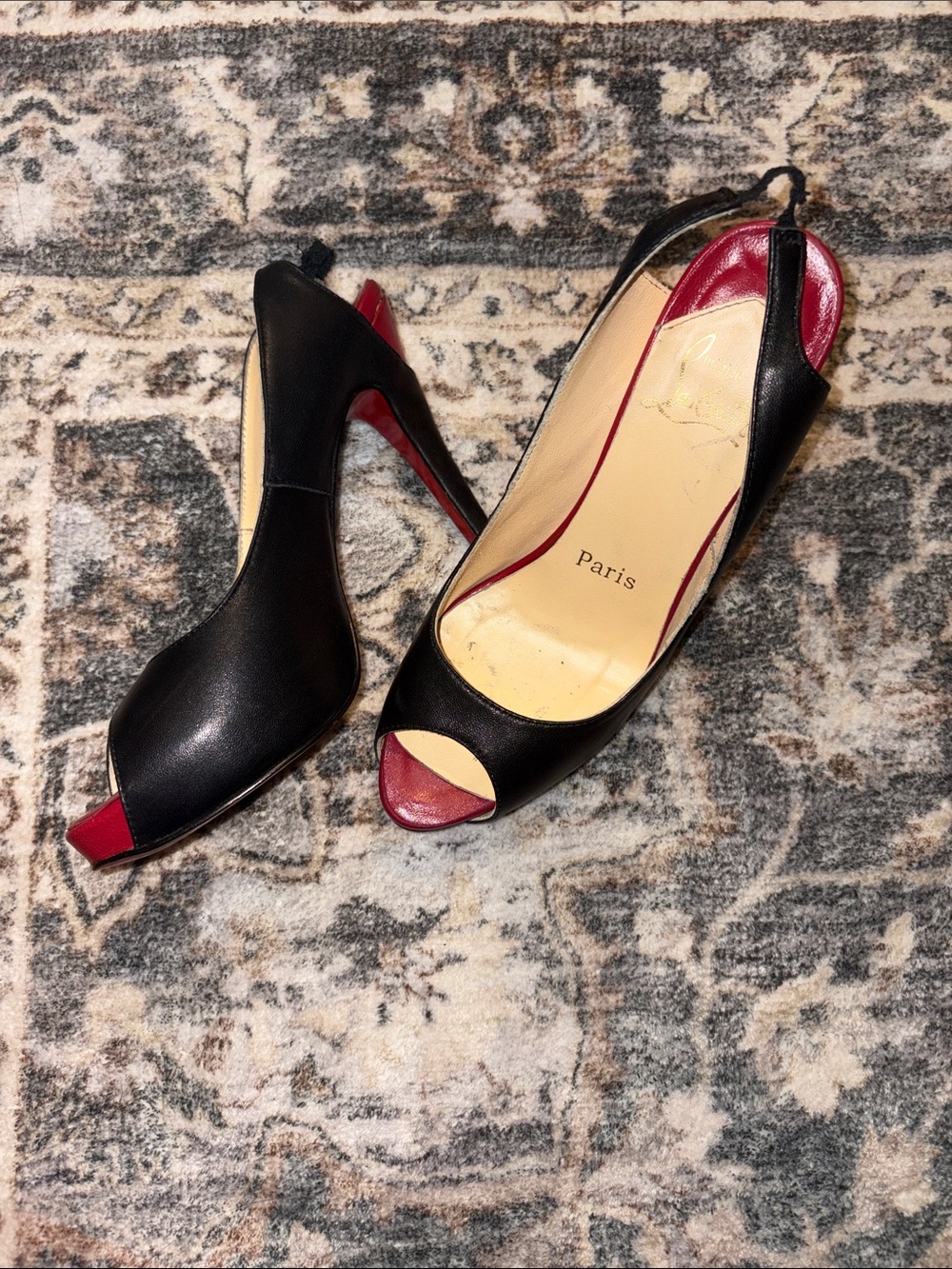 Christian Louboutin Black Leather Peep-Toe Slingback with Red Accents